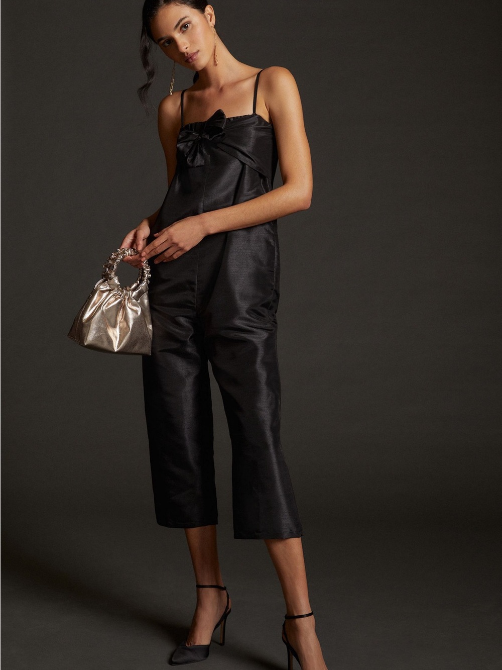 NWT Anthropologie Hutch black satin bow-tie front jumpsuit